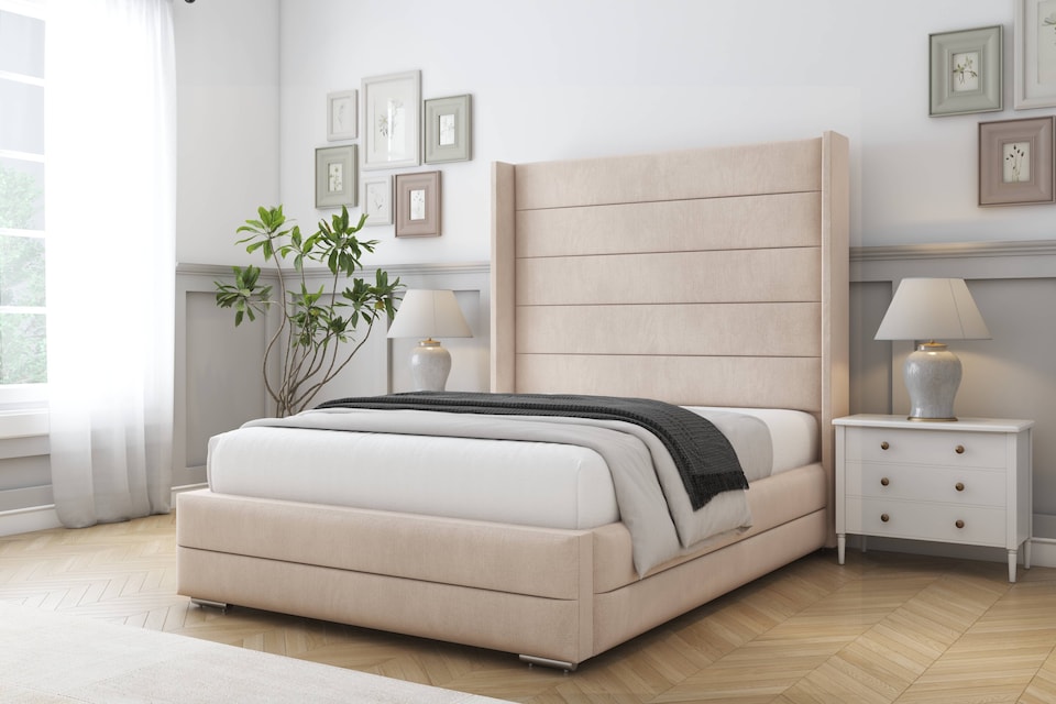 image 1 of Sloomy Sterling Sand Naples Bed Frame With 50"  Upholstered Wingback Headboard 3' Single