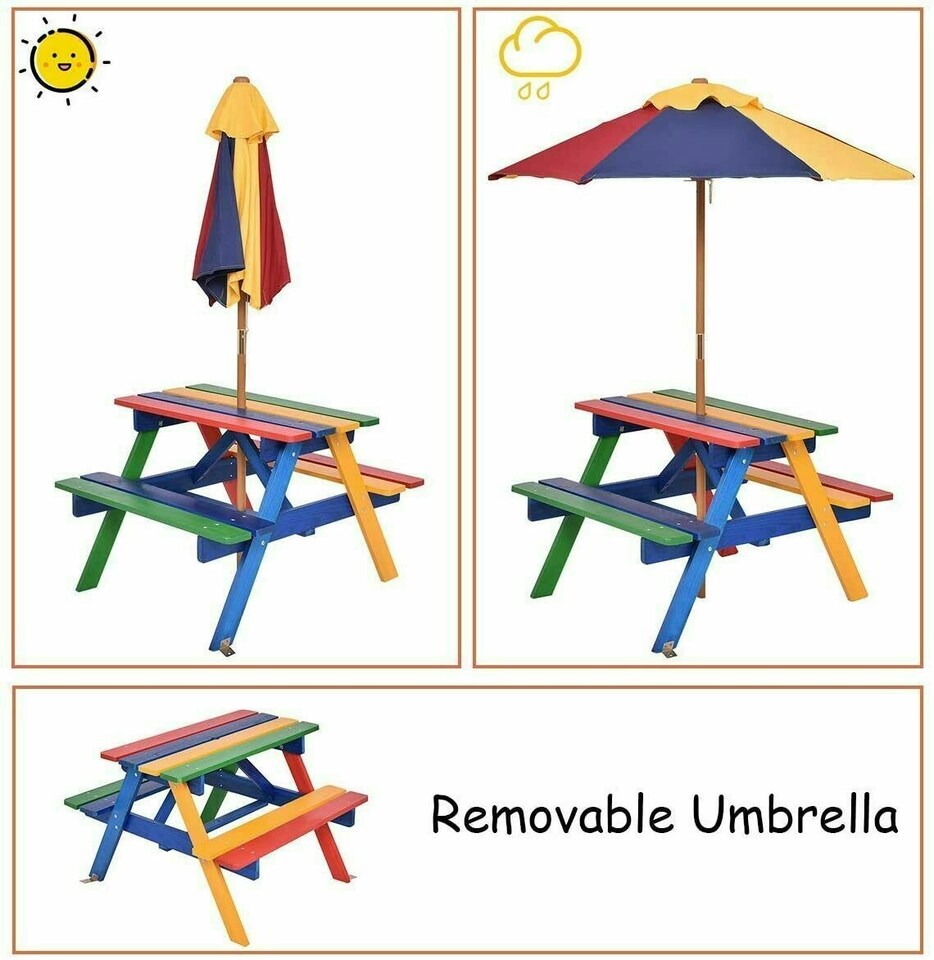 image 1 of COSTWAY 3 in 1 Wooden Kids Picnic Table Bench Outdoor W/ Umbrella