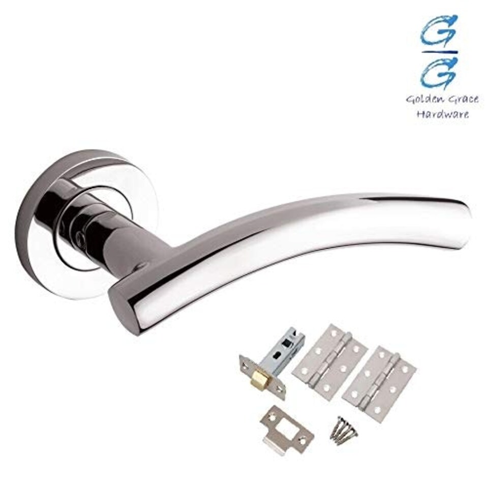 image 1 of Golden Grace 5 Sets Arched T-Bar Door Handle Lever on Round Rose in Polished Chrome with Latch and Hinges | Chrome | 5 Set