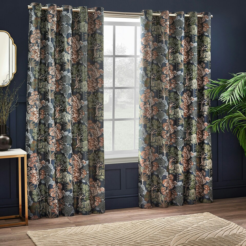 image 1 of Wylder Woodlands Floral Jacquard Navy Eyelet Curtains 168 x 183cm
