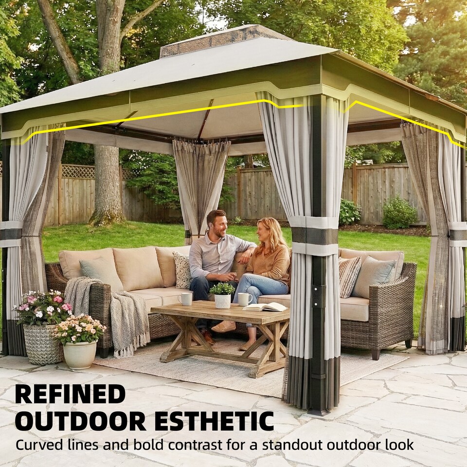 image 1 of Outsunny 3 x 3.6 m Outdoor Garden Gazebo with Netting, Curtains, Light Grey | Grey | Light Grey | 360 x 300 x 279 cm