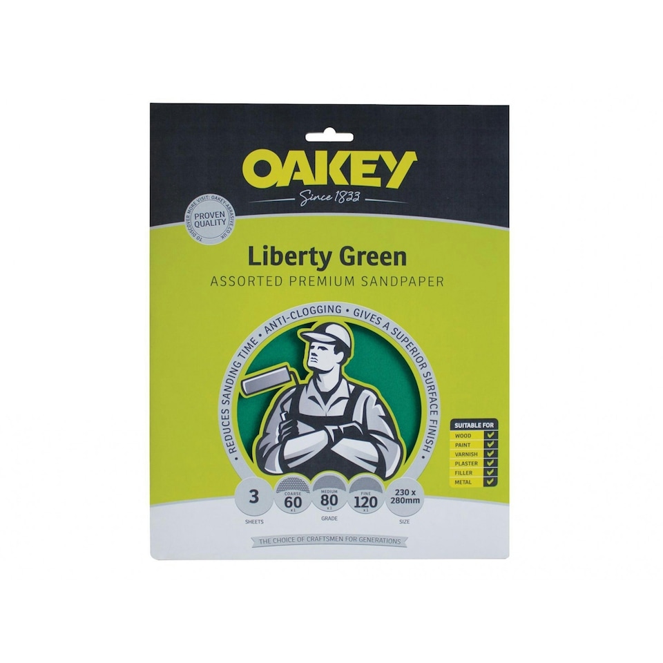 Oakey Liberty Green Aluminium Oxide Sheets 230 X 280mm Assorted (3) - Multi Colour - 230 x 280mm