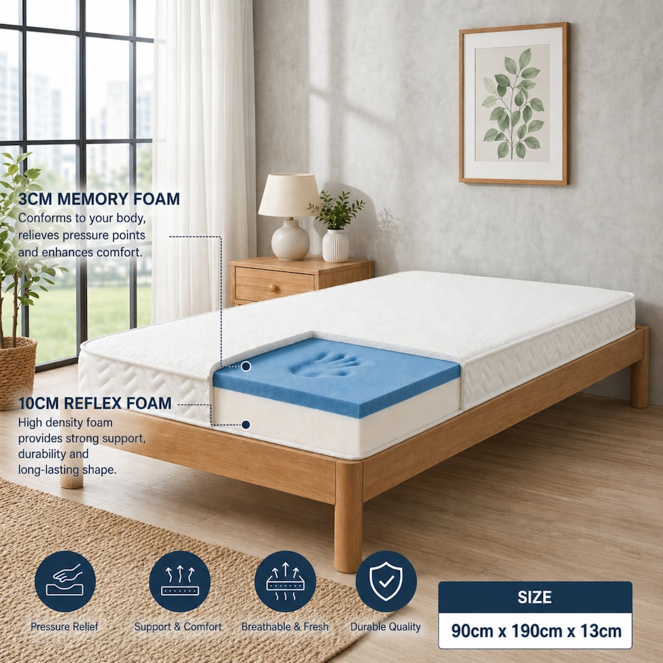 image 1 of Single Memory Foam Mattress with High Density Foam Base, Approx 5 Inch/13cm Thick, Medium Feel Mattress, Mattress In A Box