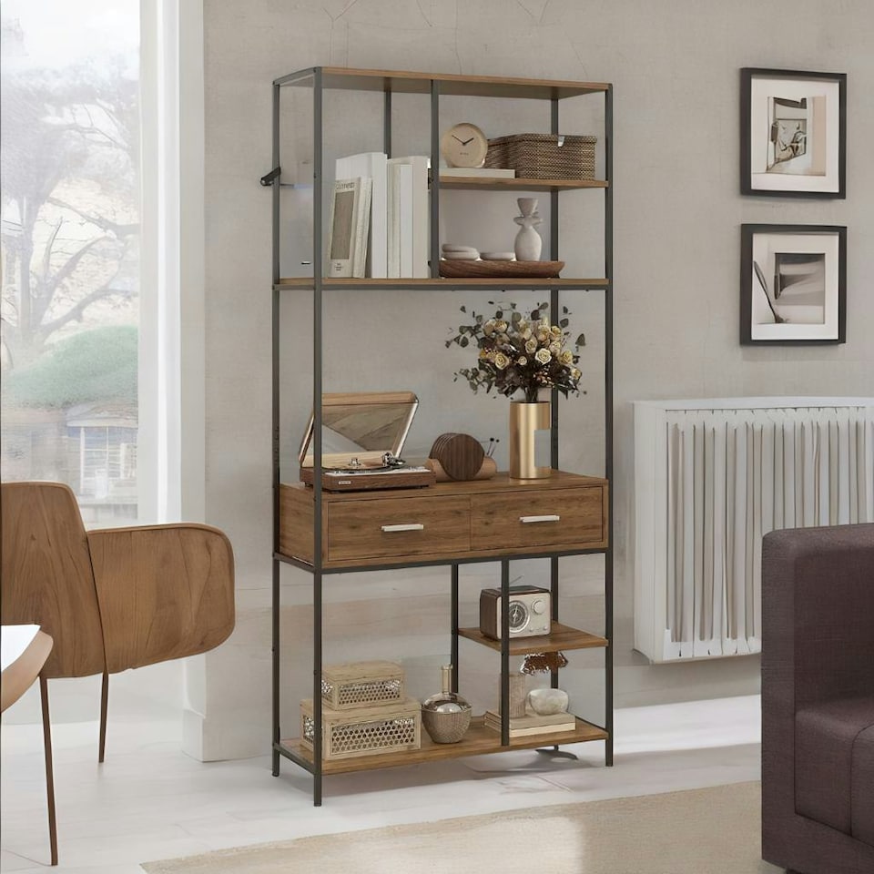 image 1 of Industrial Bookcase With 2 Large Drawers and Shelves Brown Brown | One Size