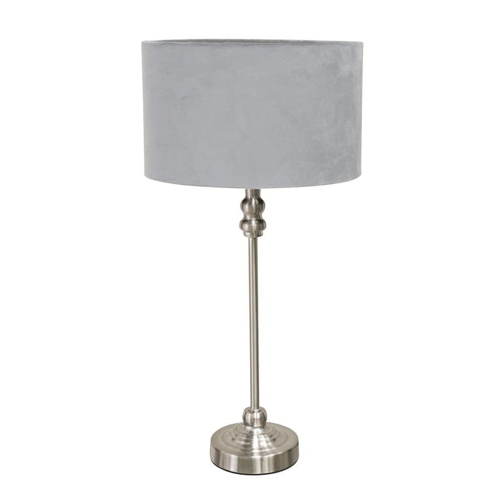 ValueLights Maggie Brushed Chrome Candlestick Table Lamp with Velvet Drum Shade & LED Bulb in Grey