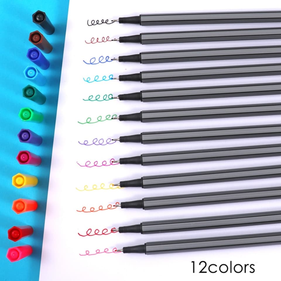image 1 of Pack of 12 Colour Art Drawing Fineliner Marker Pens