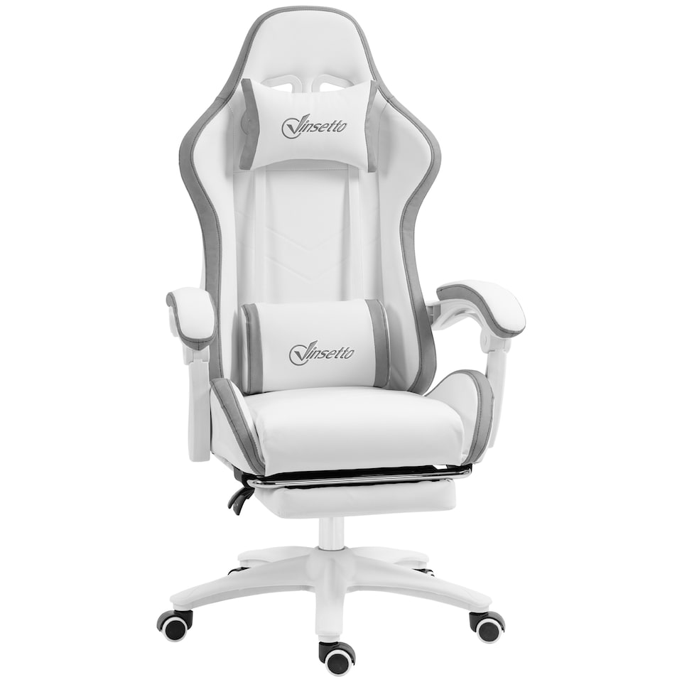 image 1 of Vinsetto Computer Gaming Chair, PU Leather Office Desk Chair with Footrest, Swivel Wheels, 135 Reclining Back, Lumbar Support, Headrest for Home, White and Grey