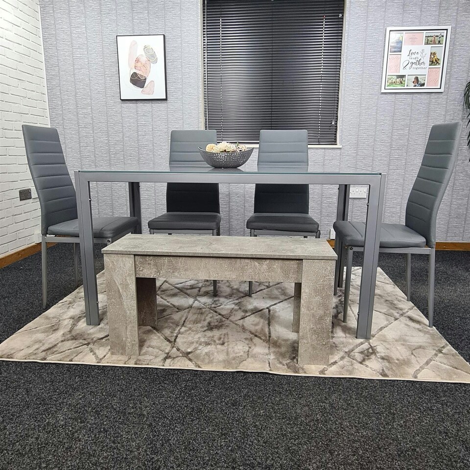 image 1 of Dining Table Set with 4 Chairs, and a Bench Dining Room and Kitchen table set of 4, and Grey Bench Grey