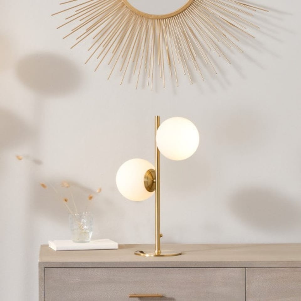 image 1 of Brushed Brass Metal and White Orb Dome Table Lamp