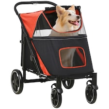 PawHut Foldable Dog Carriage w/ Universal Wheels, Shock Absorber, Red