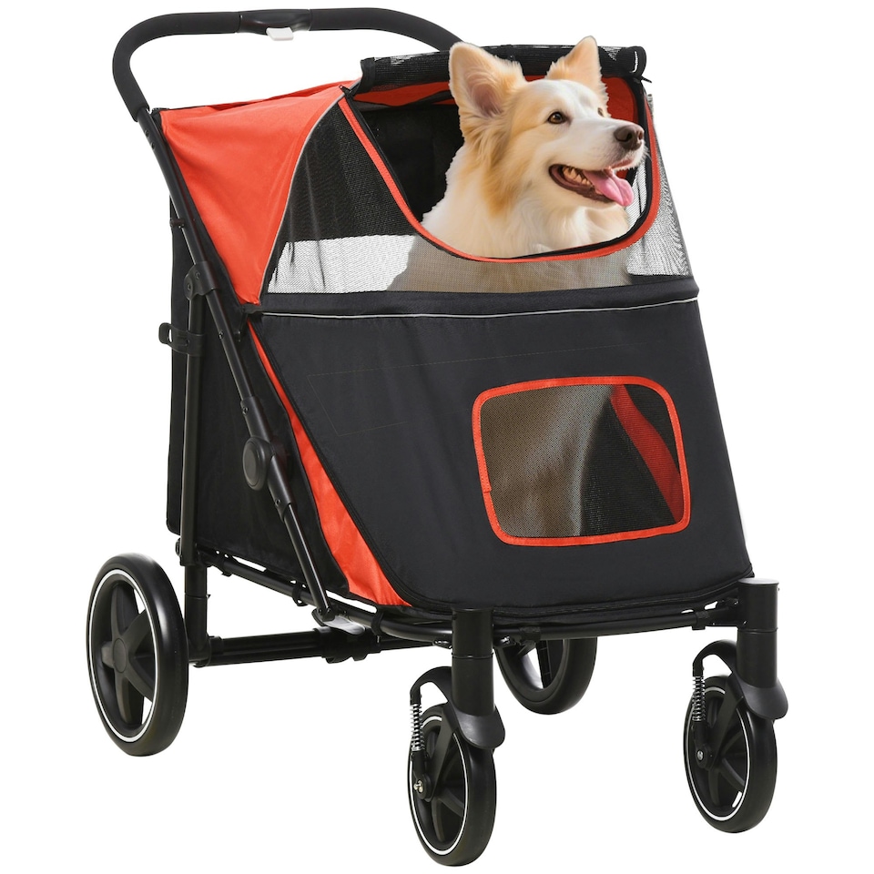 image 1 of PawHut Foldable Dog Carriage w/ Universal Wheels, Shock Absorber, Red