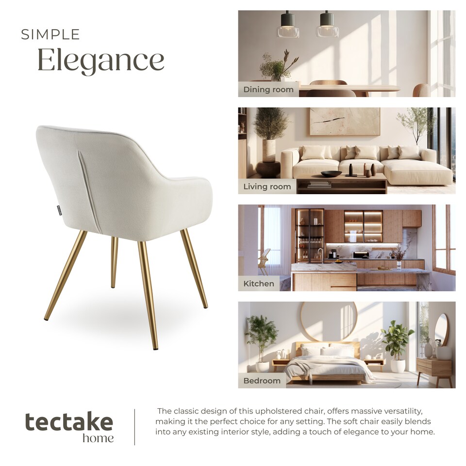 image 1 of Dining Chair Marilyn - corduroy look, upholstered, armchair, continuous backrest | Cream | cream/gold | 1