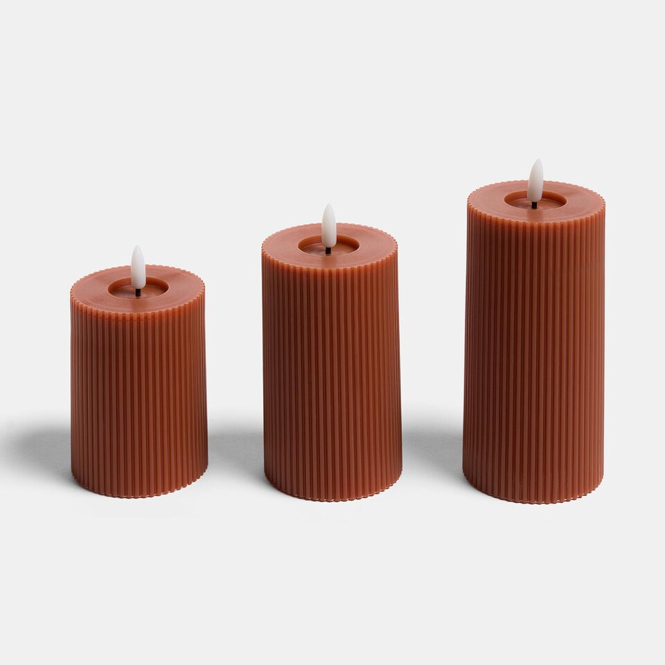 image 1 of OHS Set of 3 Ribbed Flameless LED Candles Decorative Lights Party Home | Orange | Rust