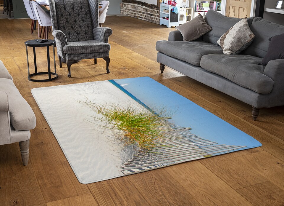 image 1 of Dune Fence By Sea Grass With Sailboat On Horizon Designer Rug | Multi
