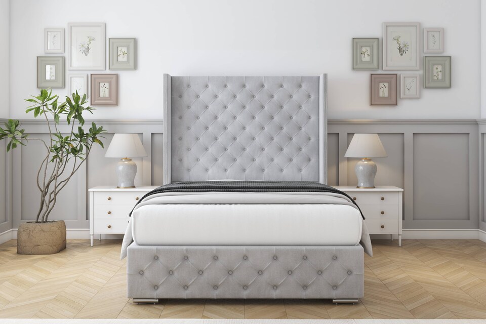 image 1 of Sloomy Arundel Silver Naples Bed Frame With 50"  Upholstered Wingback Headboard 2'6 Small Single