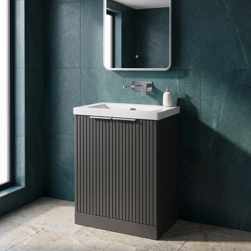 image 1 of Balterley Callingwood Contemporary Floor Standing 2 Door Vanity Unit with 0 Tap Hole Fireclay Basin , 600mm, Dark Grey