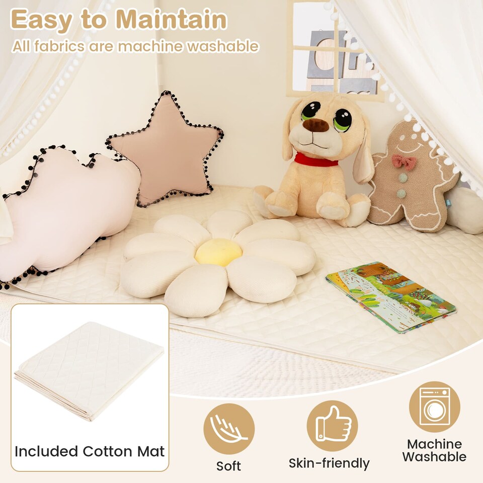 image 1 of COSTWAY Kids Play Tent 3-4 Kids Large Play Tent House w/Screen Curtains-Beige