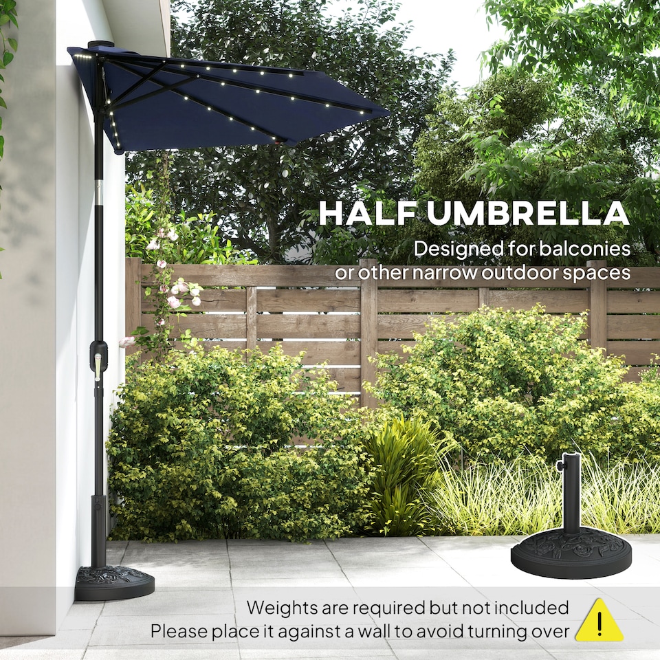 image 1 of Outsunny 2.6 m Half Parasol with Solar Lights, UPF50+ Semi Round Umbrella | Blue | Dark Grey | 265 x 135 x 239 cm
