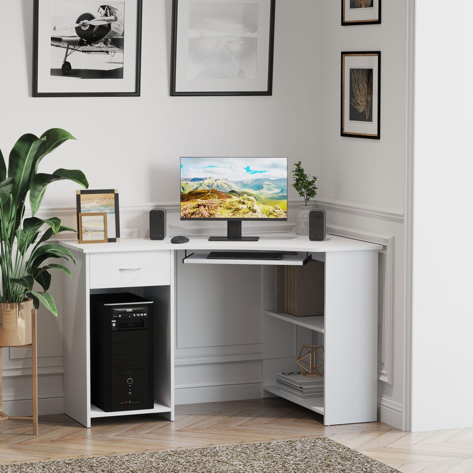 image 1 of HOMCOM L-Shaped Corner Computer Desk with 2 Shelves Worktop White