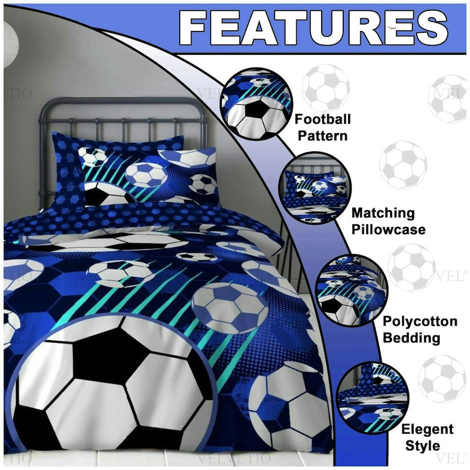 image 1 of VELVETIO Kids Football Fun Duvet Cover Set Printed Beddings Blue | Single
