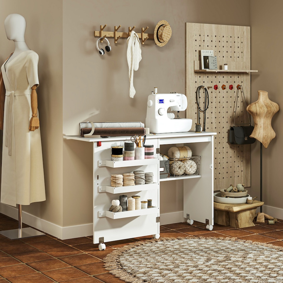 image 1 of HOMCOM Folding Sewing Table Rolling Craft Table with Drop Leaf Wheels White | White