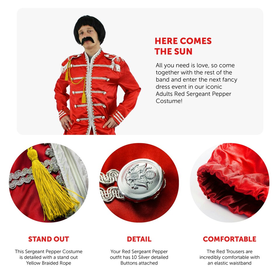 image 1 of Adults Red Pop Sergeant Costume – 60s Music Fancy Dress Outfit Red | L