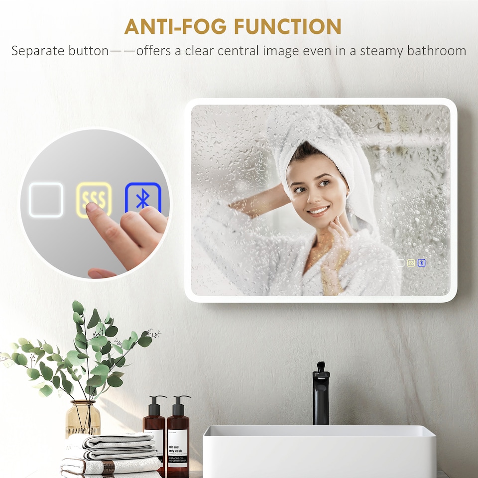 image 1 of HOMCOM 600  800 mm Backlit Illuminated Bathroom Mirror with LED Lights and Bluetooth, Wall Mounted Vanity Mirror with 3 Colours Dimmable, Anti-Fog, Memory Function, Touch Switch, IP44 | Silver | 1