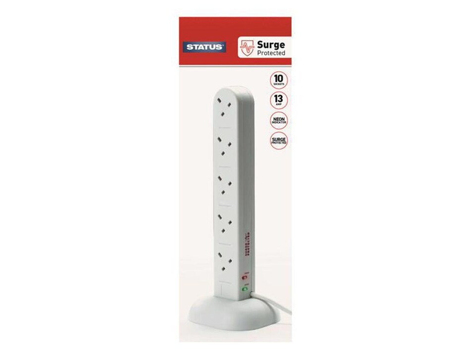 Status Surge Protected Tower Multi Plug Extension 240V 10-Gang 13A White 2M