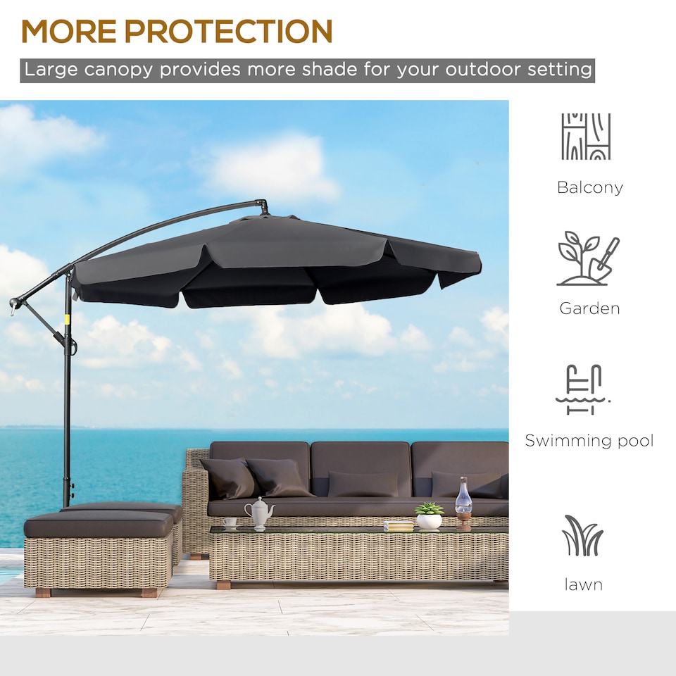 image 1 of Outsunny 2.7m Garden Banana Parasol Cantilever Umbrella with Crank Handle and Cross Base for Outdoor, Hanging Sun Shade, Black