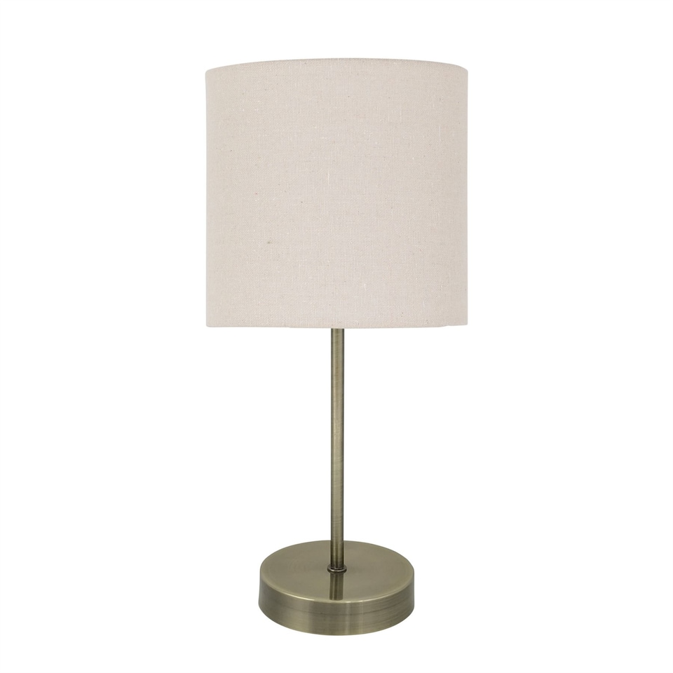 image 1 of Antique Brass Stick Table Lamp with Natural Linen Shade