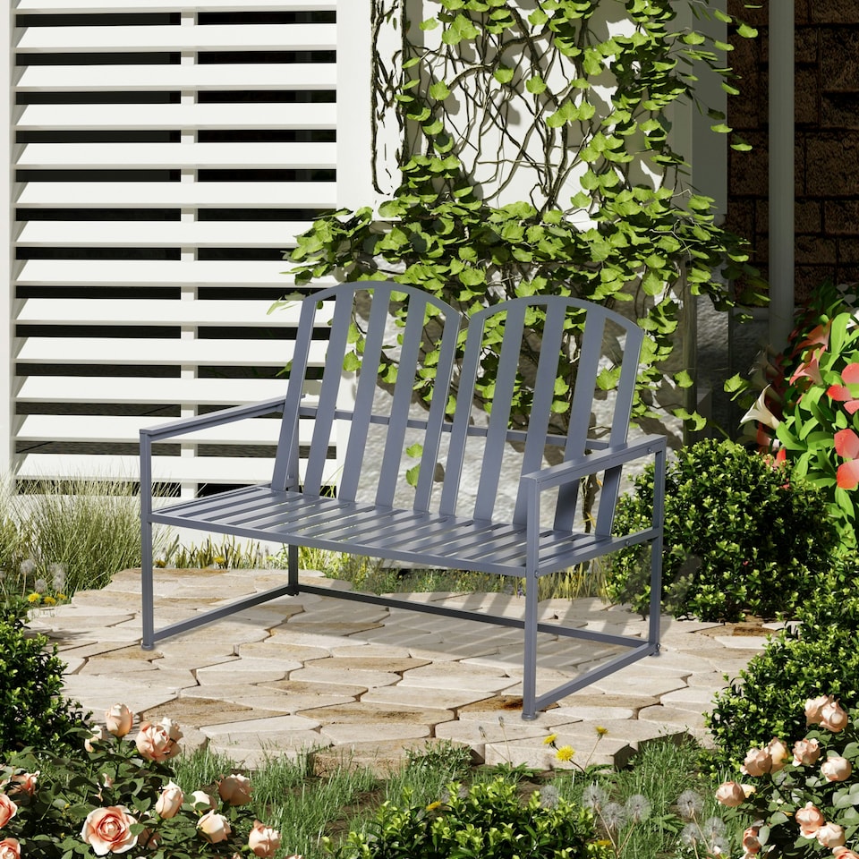 image 1 of Outsunny 2 Seat Steel Patio Garden Bench Chair Slat Design Backyard Porch, Grey