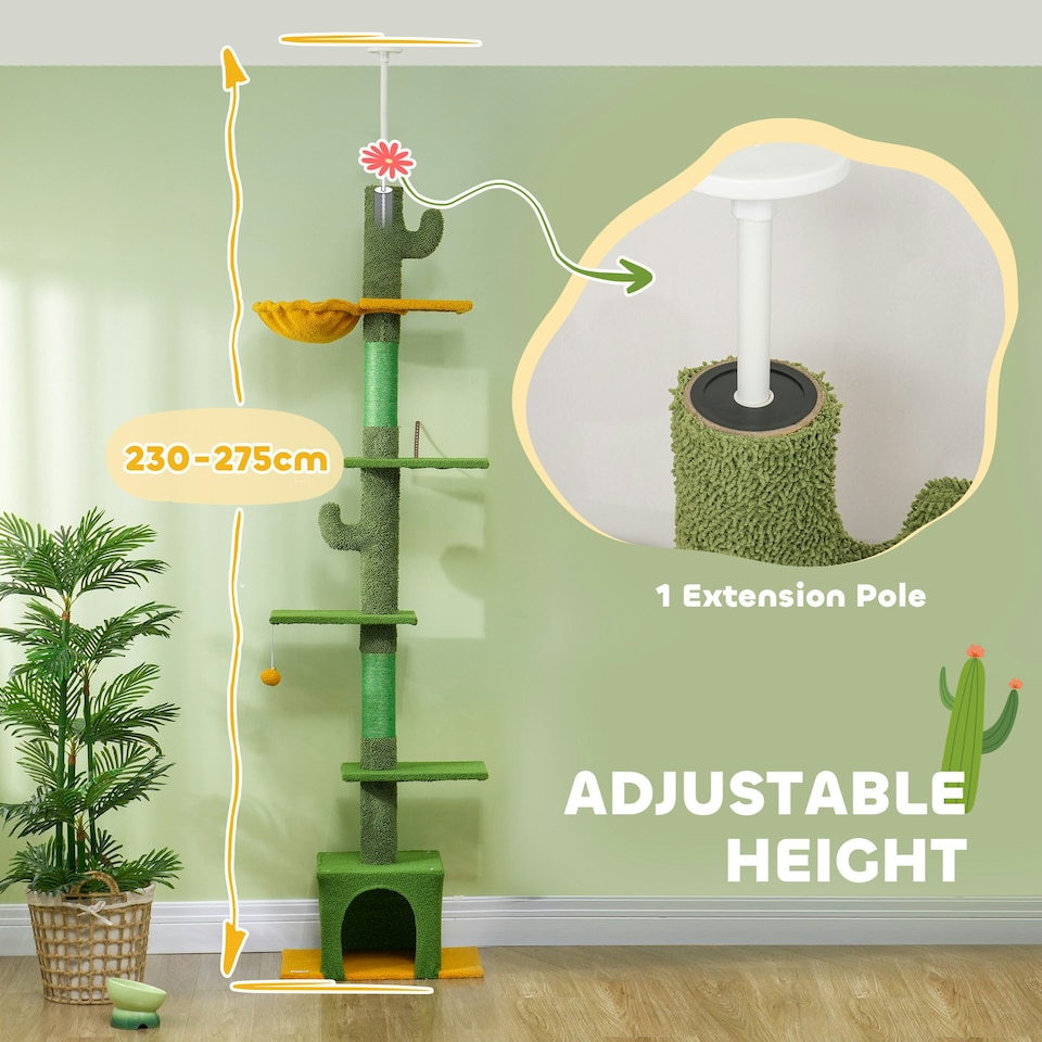 image 1 of PawHut 230-275cm Floor-to-Ceiling Cat Tree for Indoor Cats with Cat House