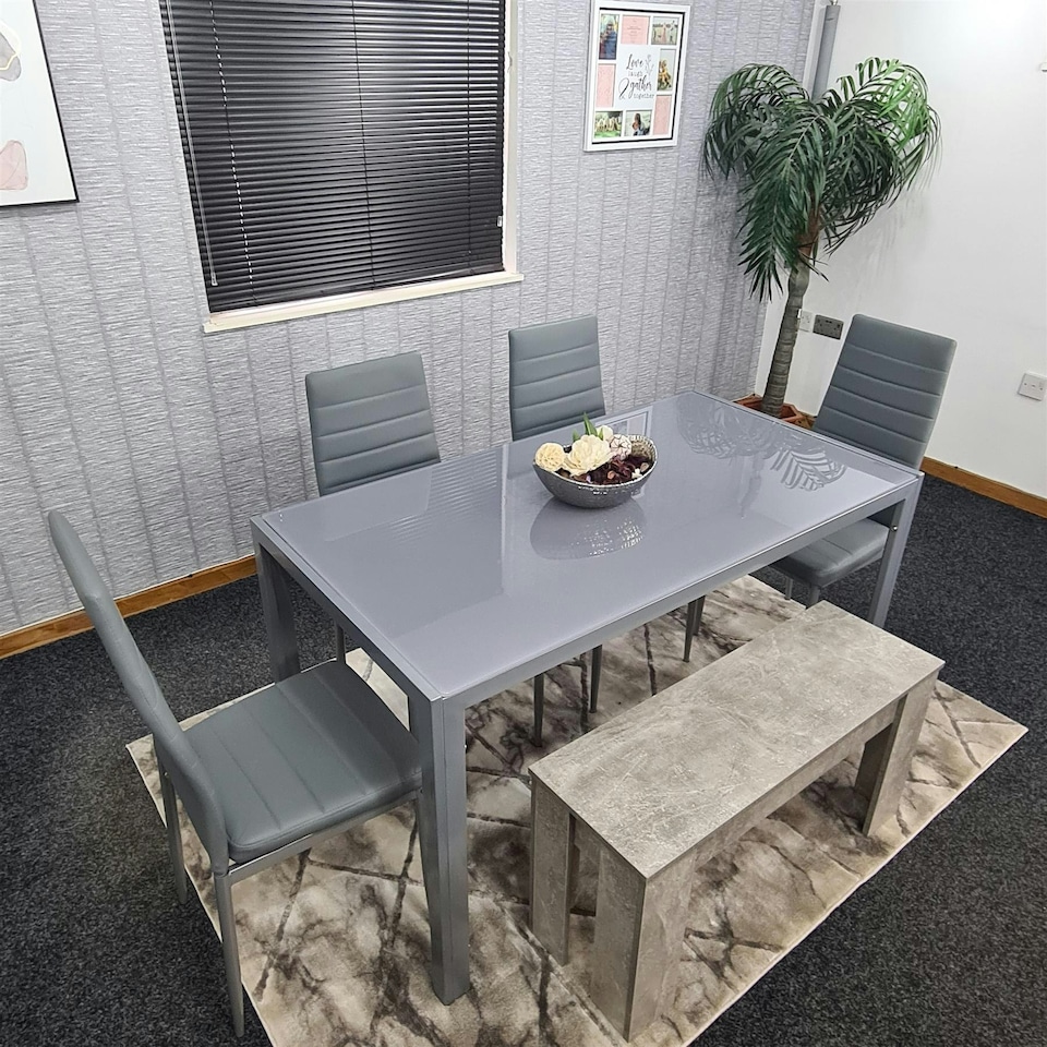image 1 of Dining Table Set with 4 Chairs, and a Bench Dining Room and Kitchen table set of 4, and Grey Bench Grey