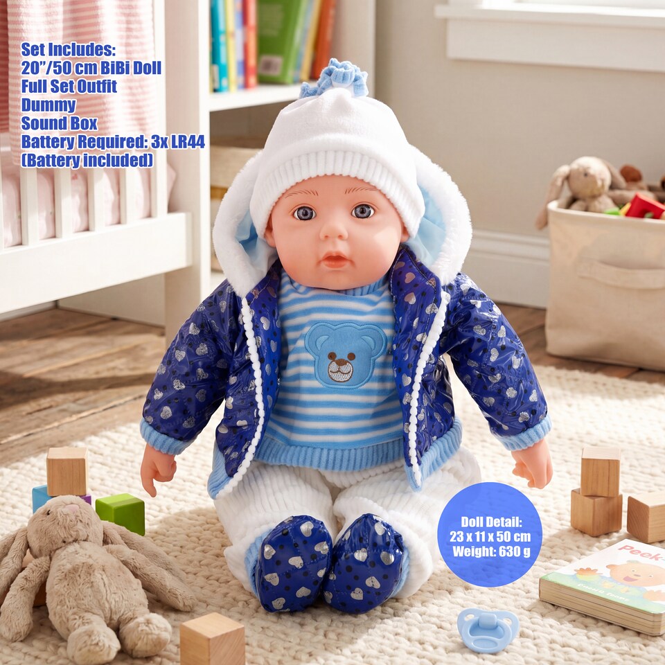image 1 of BiBi Doll 20" Navy Baby Doll Boy with Blue Coat Outfit, Sounds & Dummy Toy