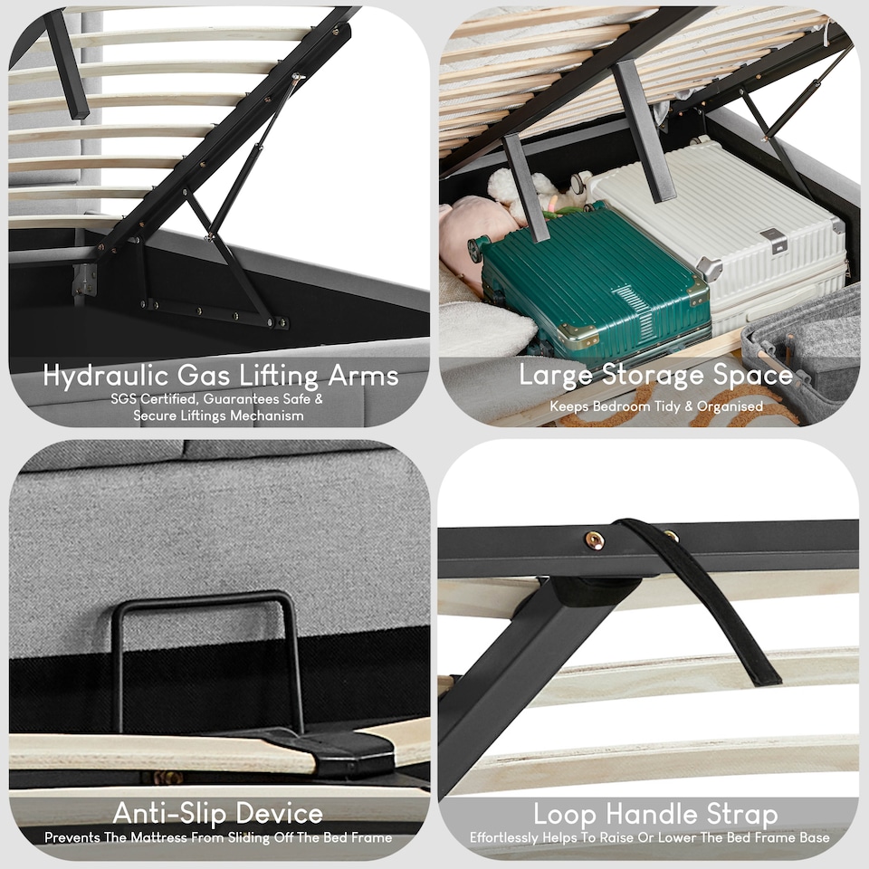 image 1 of Vida Designs Vanita 4ft6 Double Ottoman Bed Storage Fabric Upholstered, Light Grey, 135 x 190cm