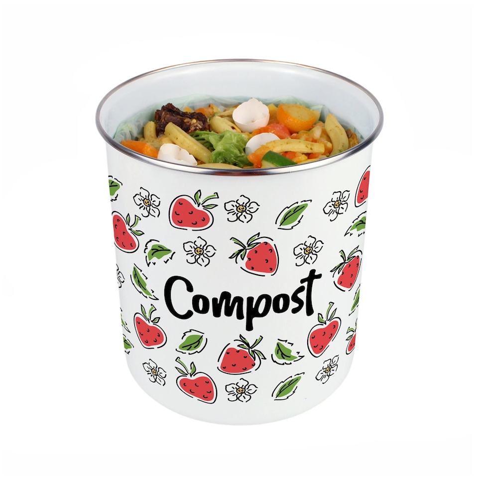 image 1 of Strawberry Flowers Compost Caddy - Metal 2L Decorative Kitchen Food Waste Bin