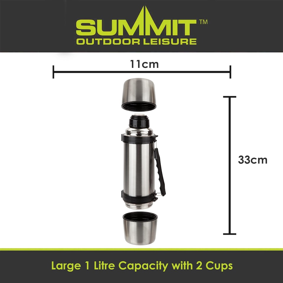 image 1 of PMS 1L Insulated Stainless Steel Vacuum Flask, Silver - Includes 2 Cups