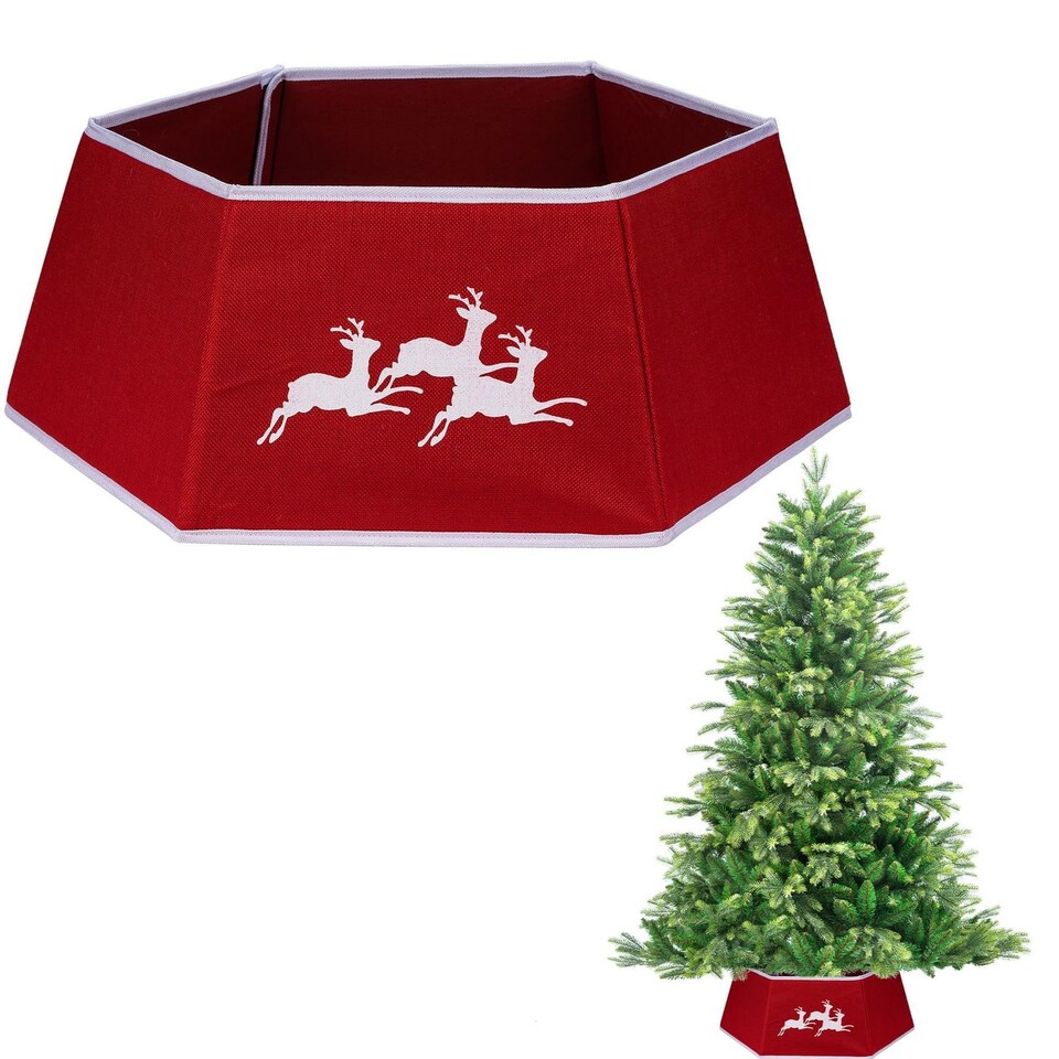 image 1 of 26.8 Inch Hexagonal Fabric Christmas Tree Collar Foldable Red Burlap Cover for Tree Stands