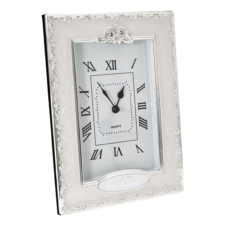 image 1 of 25th Anniversary Clock in White Epoxy with Silver Plated Roses and Diamantes