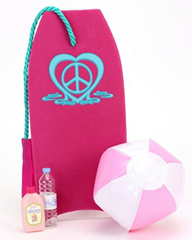 image 1 of Sophia’s Ruffle Bikini, Boogie Board, Beach Ball, Lotion and Water Bottle for 18in Dolls, Multi