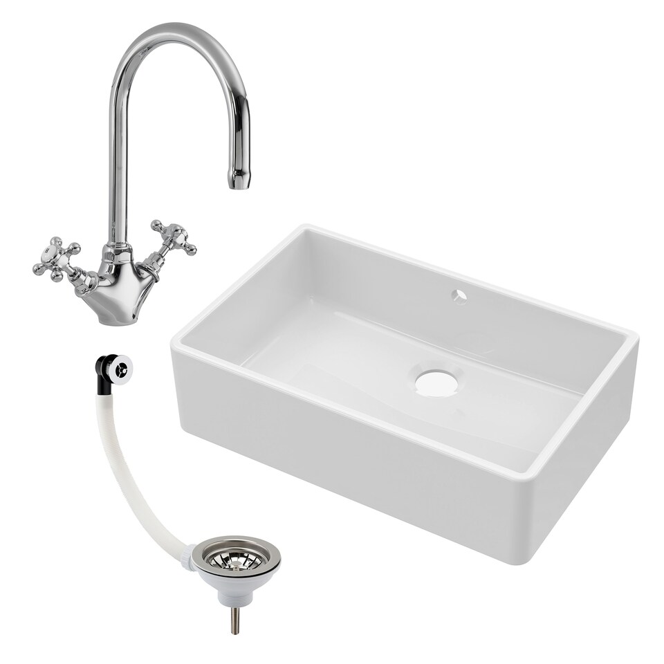 image 1 of 795mm - Single Bowl Fireclay Butler Kitchen Sink with Overflow -  Mixer Tap, Overflow & Waste