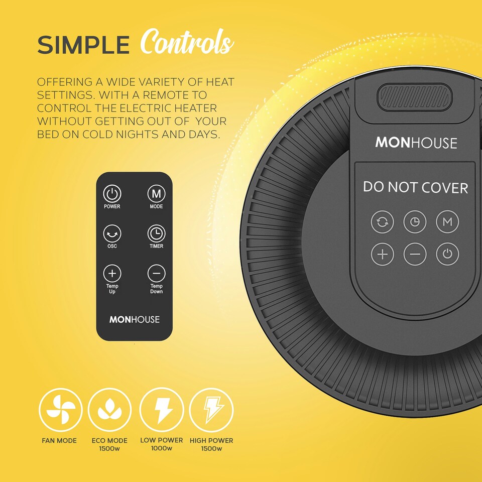image 1 of MONHOUSE Electric Heater - Energy Efficient PTC Ceramic, Silent Portable Heater with LED Display, Remote Control, Overheat Protection, Smart Thermostat