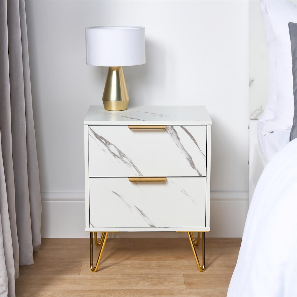 image 1 of OHS Marble Effect Nightstand Bedside Table End Side Cabinet