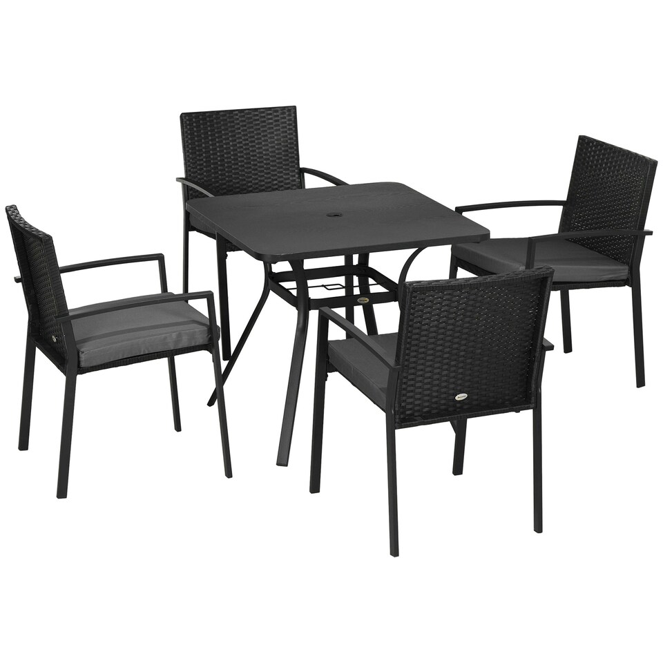 image 1 of Outsunny 4 Seater Rattan Garden Dining Set Outdoor w/ Umbrella Hole