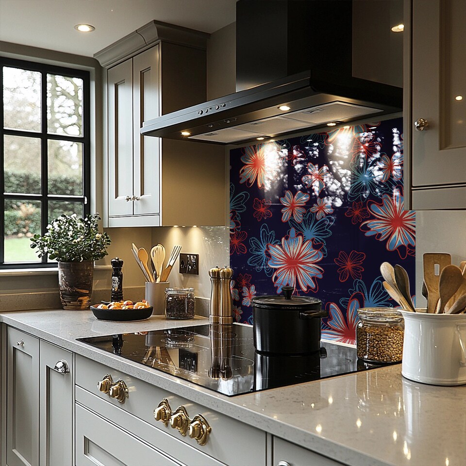 image 1 of Red White & Blue Flower Print Splash Back | White