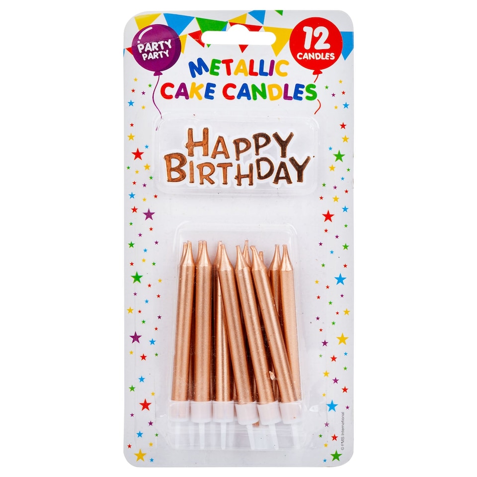 PMS 12 Metallic Rose Gold Birthday Cake Candles and 'Happy Birthday' Topper