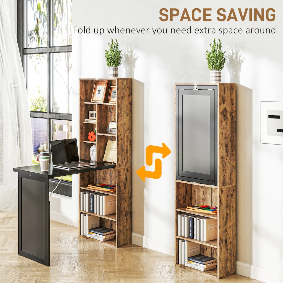 image 1 of HOMCOM Wall Mounted Computer Desk, Space Saving Folding Study Table with Black Board, Bookshelf, Floating Writing Desk with Adjustable Shelf, 9 Open Compartments for Small Space, Rustic Brown