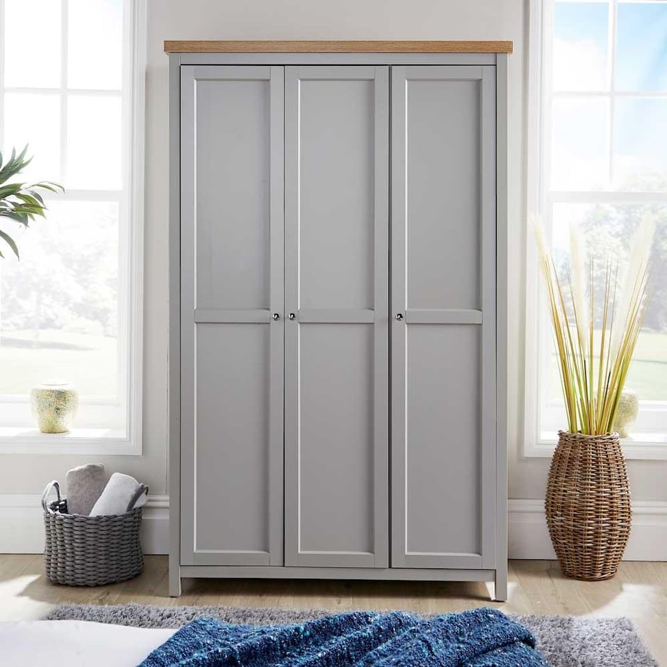 image 1 of Wardrobe 2 or 3 Door Two Tone Oak Top Wooden Hanging Rail Storage Shelves | Grey