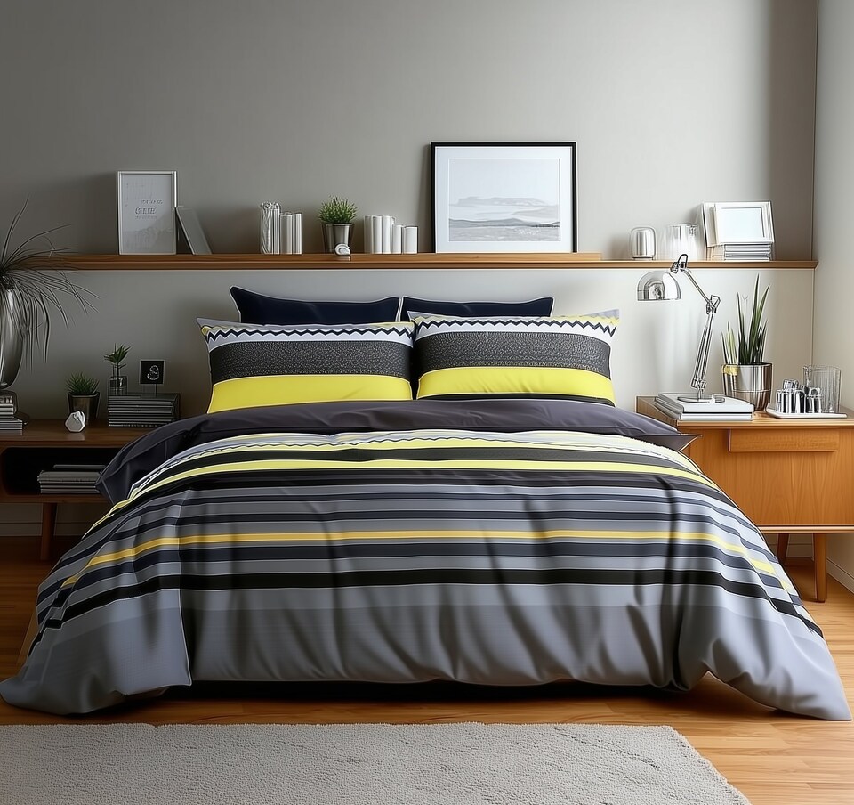 image 1 of Duvet Cover And Pillowcase Set Red Black Stripe Design Polycotton Bed Linen | Black | Single