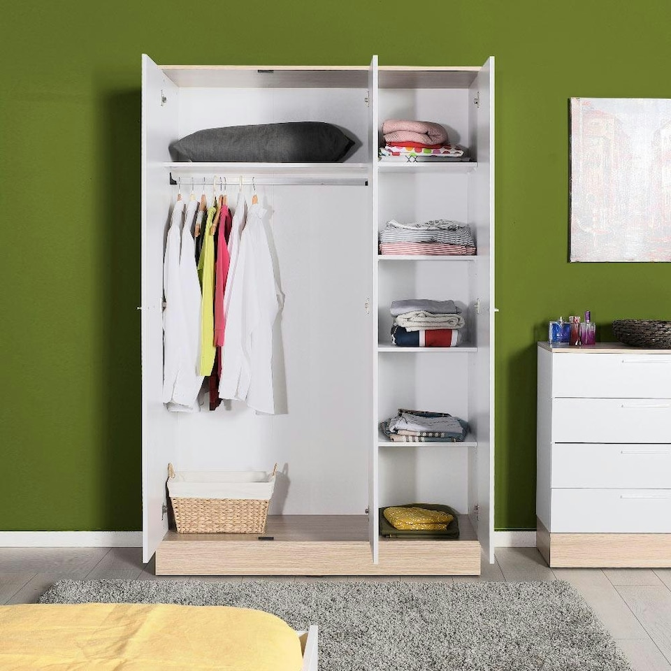 image 1 of Adore Teen White & Oak 3 Door Wardrobe with Shelves White